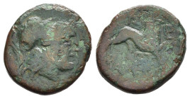 TRACIA. Lysimacheia (c. 196-190 a.C.). AE (g 2,61). Testa elmata di Atena a destra. R/ Leone avanza a destra; monogramma sotto. SNG Copenhagen 908; HG...
