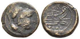 SERIE ANONIMA (dopo il 211 a.C.). Triente per zecca incerta. AE (g 6,90). Testa elmata di Minerva a destra. R/ Prua di nave a destra; quattro globetti...