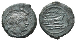 ANONIME (c. 215-212 a.C.). Semuncia per Roma. AE (g 2,79). Testa di Mercurio a destra con petaso alato. R/ Prua a destra; ROMA sopra. Crawford 38/7. q...