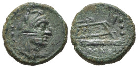 ANONIME (c. I secolo a.C.). Quadrante, zecca incerta. AE (g 3,21). Testa di Ercole a destra, con pelle di leone; tre globetti (segno di valore) a sini...