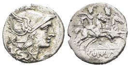ANONIME (dopo il 211 a.C.). Denario per Roma. AR (g 2,79). Testa elmata di Roma a destra; X (segno di valore) dietro. R/ I Dioscuri, con lancia e test...
