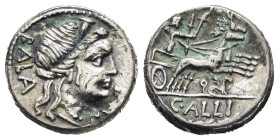 C. ALLIUS BALA (92 a.C.). Denario per Roma. AR (g 2,79). Testa femminile diademata (Diana?) a destra. R/ Diana in biga di cervi a destra, regge redini...