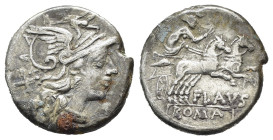 DECIMIUS FLAVUS (150 a.C.). Denario per Roma. AR (g 3,69). Testa elmata di Roma a destra; X (segno di valore) dietro. R/ Diana Lucifera in biga veloce...