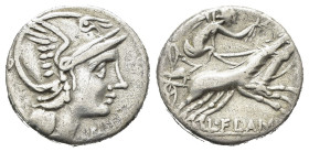 L. FLAMINIUS CHILO (109-108 a.C.). Denario per Roma. AR (g 3,85). Testa elmata di Roma a destra; X (segno di valore) davanti. R/ Vittoria in biga velo...