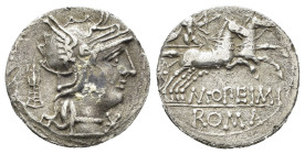 M. OPIMIUS (131 a.C.). Denario per Roma. AR (g 3,64). Testa elmata di Roma a destra; tripode dietro, X (segno di valore) davanti. R/ Apollo in biga ve...