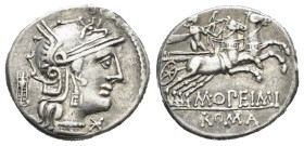 M. OPIMIUS (131 a.C.). Denario per Roma. AR (g 3,90). Testa elmata di Roma a destra; tripode dietro, X (segno di valore) davanti. R/ Apollo in biga ve...