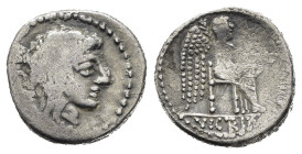 M. PORCIUS CATO (89 a.C.). Quinario per Roma. AR (g 1,92). Testa di Liber a destra con corona di edera; simbolo sotto. R/ Vittoria seduta a destra, co...
