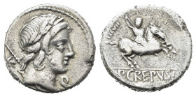 P. CREPUSIUS (82 a.C.). Denario per Roma. AR (g 3,51). Testa laureata di Apollo a destra; scettro dietro, Q davanti. R/ Cavaliere a destra, con lancia...