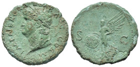 NERONE (54-68). Asse per Roma. AE (g 8,08). Testa laureata a sinistra. R/ Vittoria in volo a sinistra, regge palma e scudo iscritto SP/QR. RIC I 352. ...