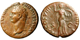 DOMIZIANO (81-96) Asse. (g. 9,07) IMP CAES DIVI VESP F DOMITIAN AVG P M, testa laur. a sn. R/ TR POT COS VIII DES VIII P P, Minerva stante a ds., con ...