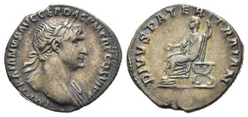 TRAIANO (98-117). Denario per Roma. AR (g 3,28). Busto laureato a destra, con drappeggio sulla spalla sinistra. R/ Marco Ulpio Traiano seduto a sinist...