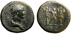 TRAIANO (98-117) Dupondio (g. 13,08). IMP CAES NER TRAIAN[O] OPTIMO AVG GER DAC PA[RTHICO P M TR P COS VI P P], Busto rad. e drapp. a ds. R/ SENATVS P...