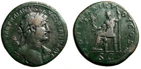 ADRIANO (117-138) Sesterzio (g. 25,20) IMP CAESAR TRAIANVS HADRIANVS AVG, Busto laur. a ds. R/ PONT MAX TR POT COS III, Giove seduto a sn. con vittori...