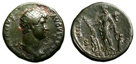 ADRIANO (117-138) Dupondio (g. 11,77) Testa rad. a ds. R/ HILARITAS P R COS III, Hilaritas stante con ramo di palma e cornucopia tra due bimbi; all'es...