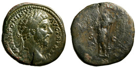 MARCO AURELIO (161-180) Sesterzio (g. 28,25) M ANTONINVS - AVG TR P XXVIII, Testa laur. a ds. R/ IMP VII - COS III, Roma o Virtus elmata, stante a sn....