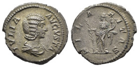 GIULIA DOMNA (Augusta, 193-217). Denario per Roma. AR (g 2,60). Busto drappeggiato a destra. R/ Hilaritas stante a sinistra, con ramo di palma e cornu...