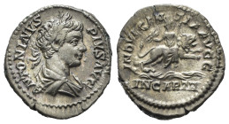 CARACALLA (198-217). Denario per Roma. AR (g 3,34). Busto laureato e drappeggiato a destra. R/ Dea Caelestis, con fulmine e scettro, seduta su leone i...