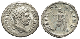 CARACALLA (198-217). Denario per Roma. AR (g 3,47). Testa laureata a destra. R/ Marte stante a destra, rivolto indietro, regge ramo, scudo e lancia. R...