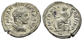 ELAGABALO (218-222). Denario per Roma. AR (g 2,94). Busto laureato e drappeggiato a destra. R/ Fortuna seduta a sinistra, con cornucopia e timone su g...