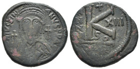 GIUSTINIANO I (527-565). Mezzo Follis per Cartagine, anno 13 (539/40 d.C.). AE (g 11,71). Busto coronato e corazzato frontale, con globo crucigero e s...