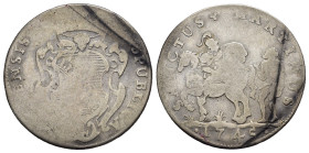 LUCCA. Repubblica (1369-1799). 15 Soldi 1745. AR (g 4,55). Scudo in cartella coronata ed ornata, con banda su cui LIBERTAS. R/ S. Martino a cavallo ve...