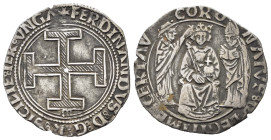 NAPOLI. Ferdinando I d'Aragona (Ferrante) (1458-1494). Coronato. AR (g 3,80). Croce potenziata rigata; M sotto. R/ Scena dell'incoronazione con il re ...