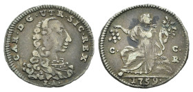 NAPOLI. Carlo di Borbone (1734-1759). Mezzo Carlino 1759. AR (g 1,02). Busto a destra; sotto, sigla IA. R/ L'Abbondanza seduta a sinistra, sparge mone...