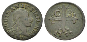 NAPOLI. Ferdinando IV di Borbone (primo periodo, 1759-1799). 3 Cavalli 1792. AE (g 1,43). Testa nuda a destra; sotto, sigla P. R/ Croce e segno di val...