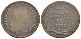NAPOLI. Ferdinando IV di Borbone (primo periodo, 1759-1799). 3 Tornesi 1791. AE (g 8,98). Testa nuda a destra; sotto, sigla P. R/ Leggenda e data su q...