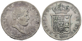 NAPOLI. Regno delle Due Sicilie. Ferdinando II (1830-1859). Piastra 1856 "da 120 grana del 6° tipo" Ag. Gig. 87. Magl. 566. C. colpo al bordo. qBB