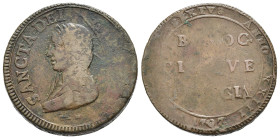 PERUGIA. Stato Pontificio. Pio VI (1775-1799). 5 Baiocchi 1797, anno XXIII. MI (g 17,36). Valore e zecca su tre righe. R/ Busto nimbato della Beata Ve...