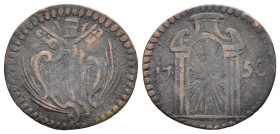 RAVENNA. Stato Pontificio. Benedetto XIV (1740-1758). Quattrino del Giubileo 1750. CU (g 1,50). Stemma a targa con piede a destra, sormontato da tiara...