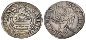 ROMA. Stato Pontificio. Paolo IV (1555-1559). Giulio. AR (g 2,90). Stemma sormontato da tiara e chiavi decussate. R/ S. Paolo stante di fronte, con sp...