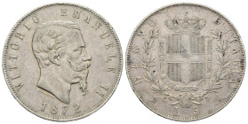 Regno d'Italia. Vittorio Emanuele II (1861-1878). Milano. 5 lire 1872. AR 25 g, 37 mm. D/ Testa nuda a destra. R/ Stemma crociato e coronato. Gig. 44....