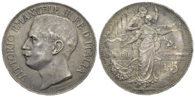 Regno d'Italia. Vittorio Emanuele III (1900-1943). 5 lire 1911 "Cinquantenario" Ag. Gig. 71. R. patina a bersaglio. BB+