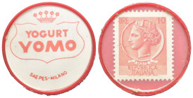 Gettone di Necessità, c. 1970-1980. Plastica (g 2,15). YOGURT YOMO / SAEPES MILANO. R/ Francobollo serie siracusana da 10 Lire incapsulato. All'inizio...