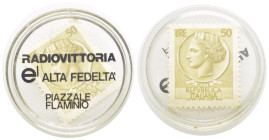 Gettone di Necessità, c. 1970-1980. Plastica (g 3,10). RADIOVITTORIA E ALTA FEDELTA' PIAZZALE FLAMINIO. R/ Francobollo serie siracusana da 50 Lire inc...