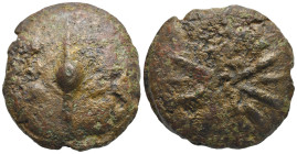 Central Italy. Uncertain mint. Quadrans. 3rd century BC (Bronze, 41.4 mm, 78.79 g). Barley grain; around, three pellets (mark of value). Rev. Sunburst...