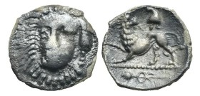 Campania. Phistelia. Obol. Circa 325-275 BC (Silver, 11.18 mm, 0.60 g). Female head facing, wearing pearl necklace. Rev. Lion standing left, head turn...