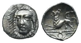 Campania. Phistelia. Obol. Circa 325-275 BC (Silver, 11.13 mm, 0.56 g). Female head facing, wearing pearl necklace. Rev. Lion standing left; in exergu...