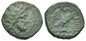 Frentani. Larinum. Quadrunx. Circa 210-175 BC (Bronze, 21.78 mm, 8.72 g). Laureate head of Zeus right. Rev. LADINOD, Eagle standing right on thunderbo...