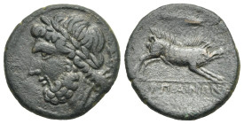 Apulia. Arpi. Bronze. Circa 325-275 BC (Bronze, 21.74 mm, 6.58 g). Laureate head of Zeus left, thunderbolt behind. Rev. [ΑΡ]ΠΑΝΩΝ, Boar running right,...