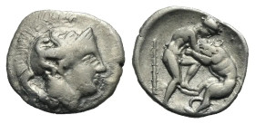 Calabria. Tarentum. Diobol. Circa 380-325 BC (Silver, 12.55 mm, 1.13 g). Head of Athena right, wearing crested helmet decorated with winged hippocamp....