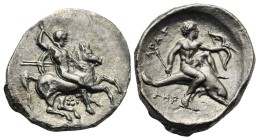 Calabria. Tarentum. Nomos struck under Sa- , Her- and Hr- (Magistrates). Circa 325-281 BC (Silver, 24.64 mm, 7.67 g). Nude warrior on horseback right,...