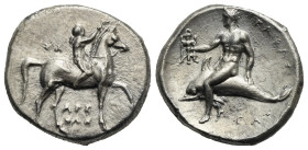 Calabria. Tarentum. Nomos struck under Arethon, Sy- and Kas (Magistrates). Circa 281-272 BC (Silver, 22.26 mm, 7.80 g). ΣΑ / APE / ΘΩN, Youth on horse...