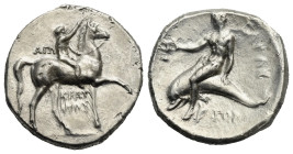 Calabria. Tarentum. Nomos struck under Ago-, Kratinos and Xor- (Magistrates). Circa 302-280 BC (Silver, 22.28 mm, 7.76 g). AΓΩ / KPAT/INOΣ, Youth on h...