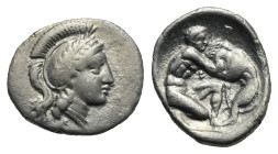 Calabria. Tarentum. Diobol, circa 325-280 BC (Silver, 13.02 mm, 1.11 g). Head of Athena right, wearing crested and laureate Attic helmet. Rev. Herakle...