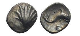 Calabria. Tarentum. Hemilitron. Circa 325-280 BC (Silver, 9.33 mm, 0.54 g). Scallop shell. Rev. Dolphin swimming right; below, E[...]. HN Italy 979. H...