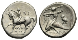 Calabria. Tarentum. Nomos struck under Sy- and Lykinos (Magistrates). Circa 272-240 BC (Silver, 20.28 mm, 6.37 g). ΣY / ΛΥKΙ - ΝΟΣ, Youth on horseback...