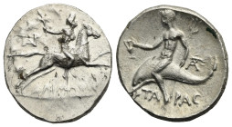 Calabria. Tarentum. Nomos, struck under Daimachos (Magistrate). Circa 240-228 BC (Silver, 20.78 mm, 6.73 g). ΔAIMAXOC, Youth galloping right, holding ...